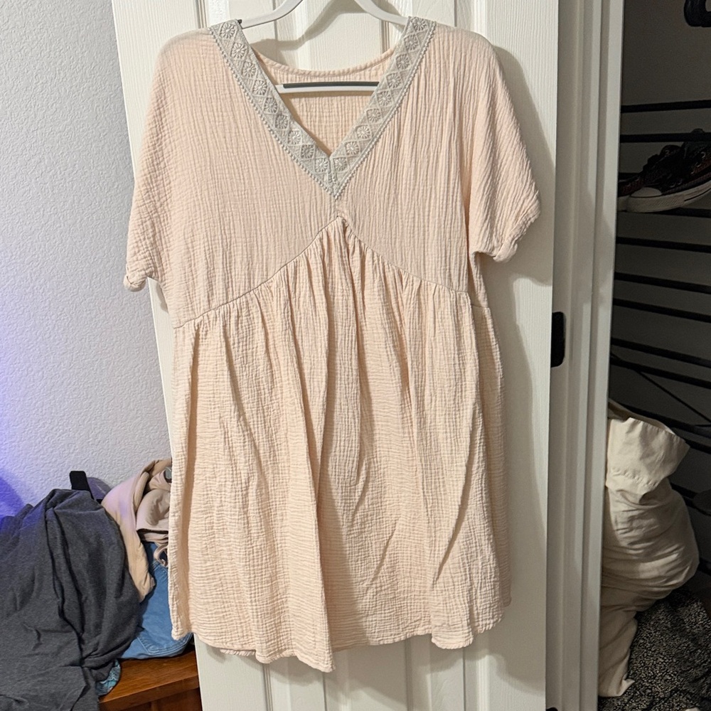 Cream/Pink V-Neck Short Sleeve Cotton Dress